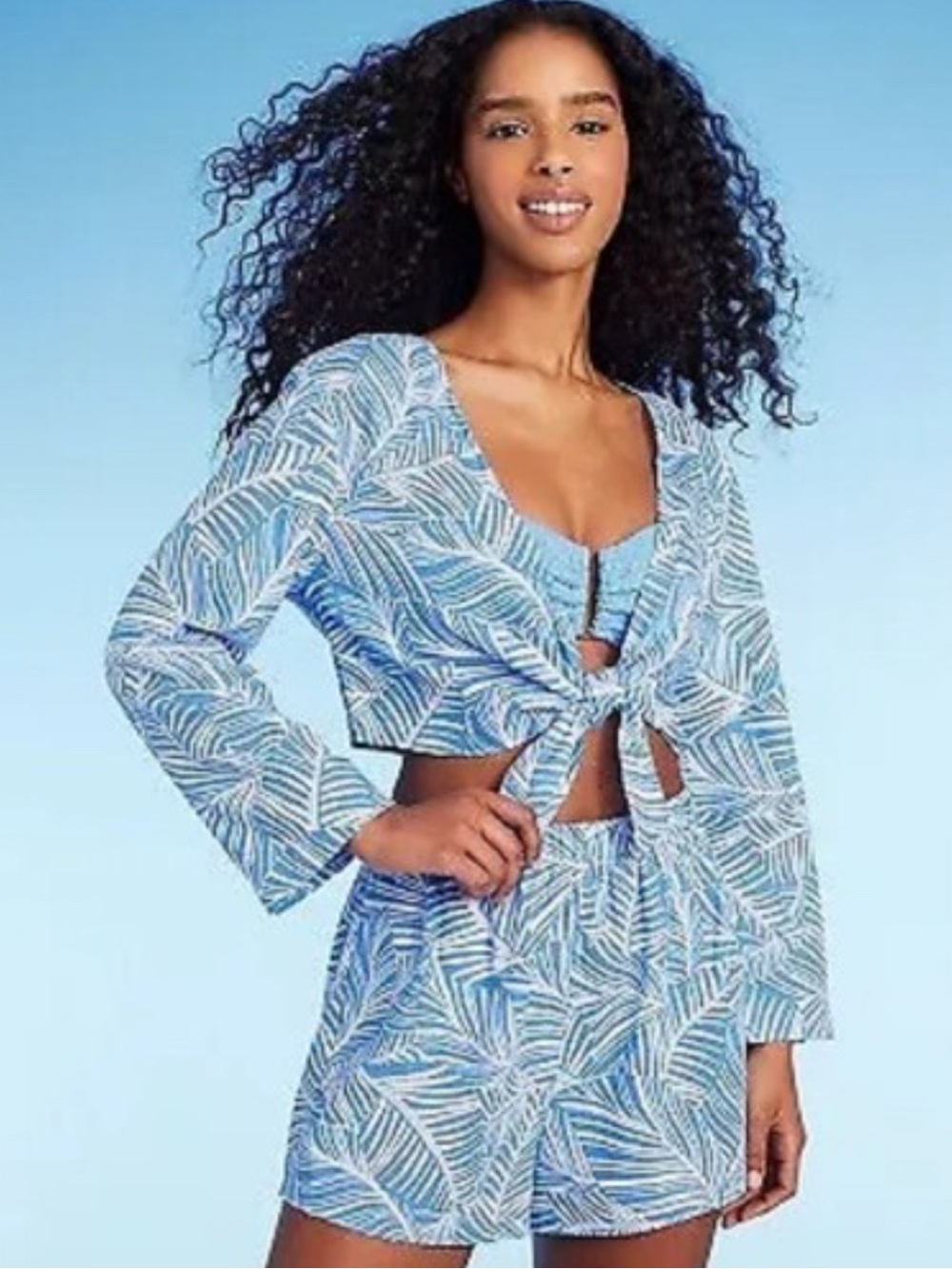 Light Blue Palm-Print Tie-Front Cropped Top